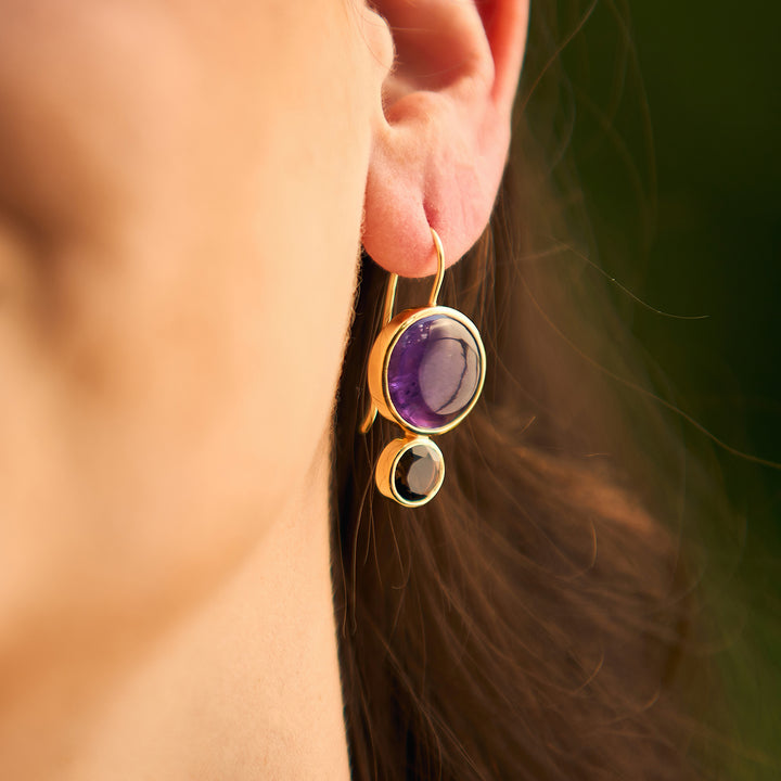 Color Block Drop Earrings in Amethyst and Faceted Smoky Topaz