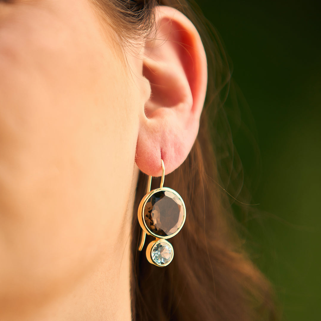 Color Block Drop Earrings in Faceted Smoky Quartz and Faceted Sky Blue Topaz