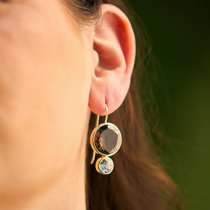 Color Block Drop Earrings in Faceted Smoky Quartz and Faceted Sky Blue Topaz