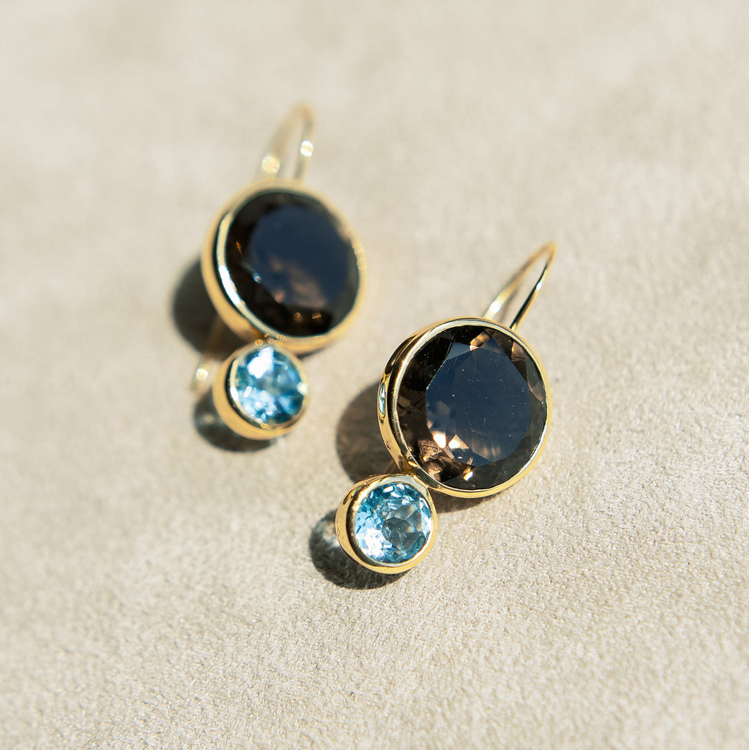 Color Block Drop Earrings in Faceted Smoky Quartz and Faceted Sky Blue Topaz