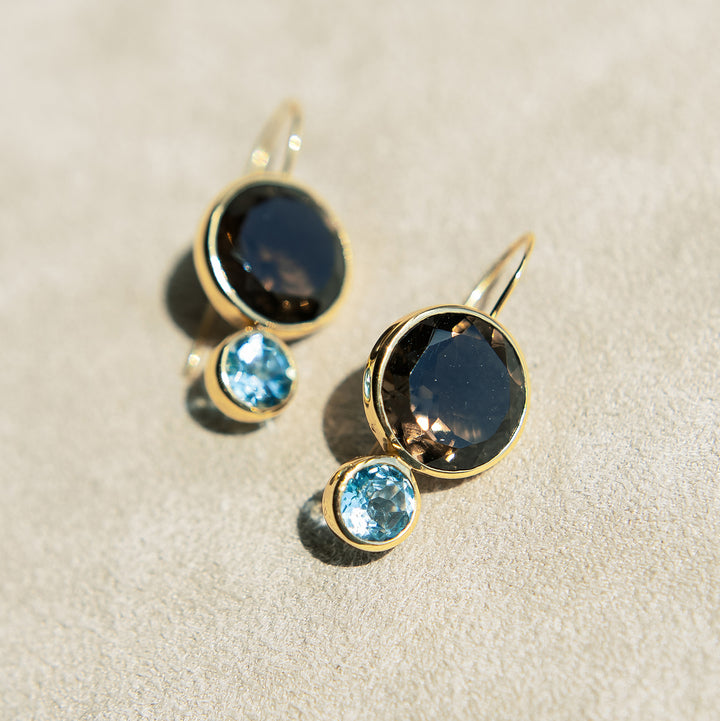 Color Block Drop Earrings in Faceted Smoky Quartz and Faceted Sky Blue Topaz