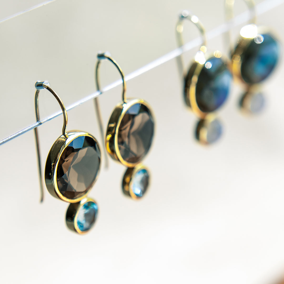 Color Block Drop Earrings in Faceted Smoky Quartz and Faceted Sky Blue Topaz