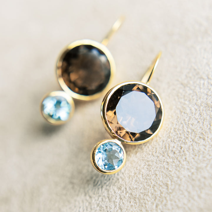 Color Block Drop Earrings in Faceted Smoky Quartz and Faceted Sky Blue Topaz