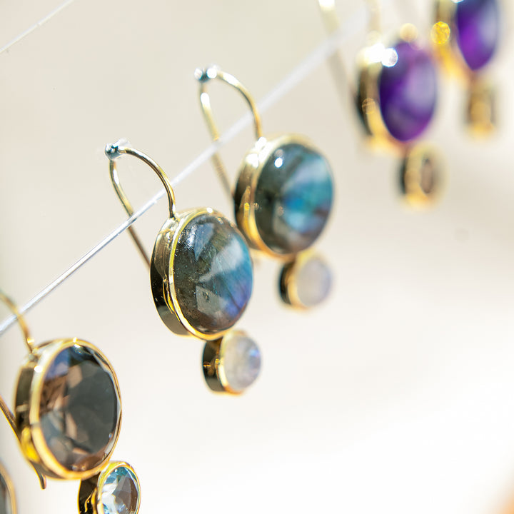 Color Block Drop Earrings in Labradorite and Rainbow Moonstone