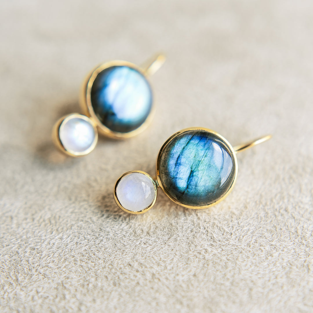Color Block Drop Earrings in Labradorite and Rainbow Moonstone