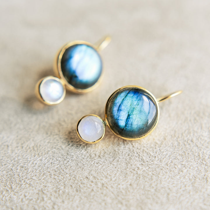 Color Block Drop Earrings in Labradorite and Rainbow Moonstone