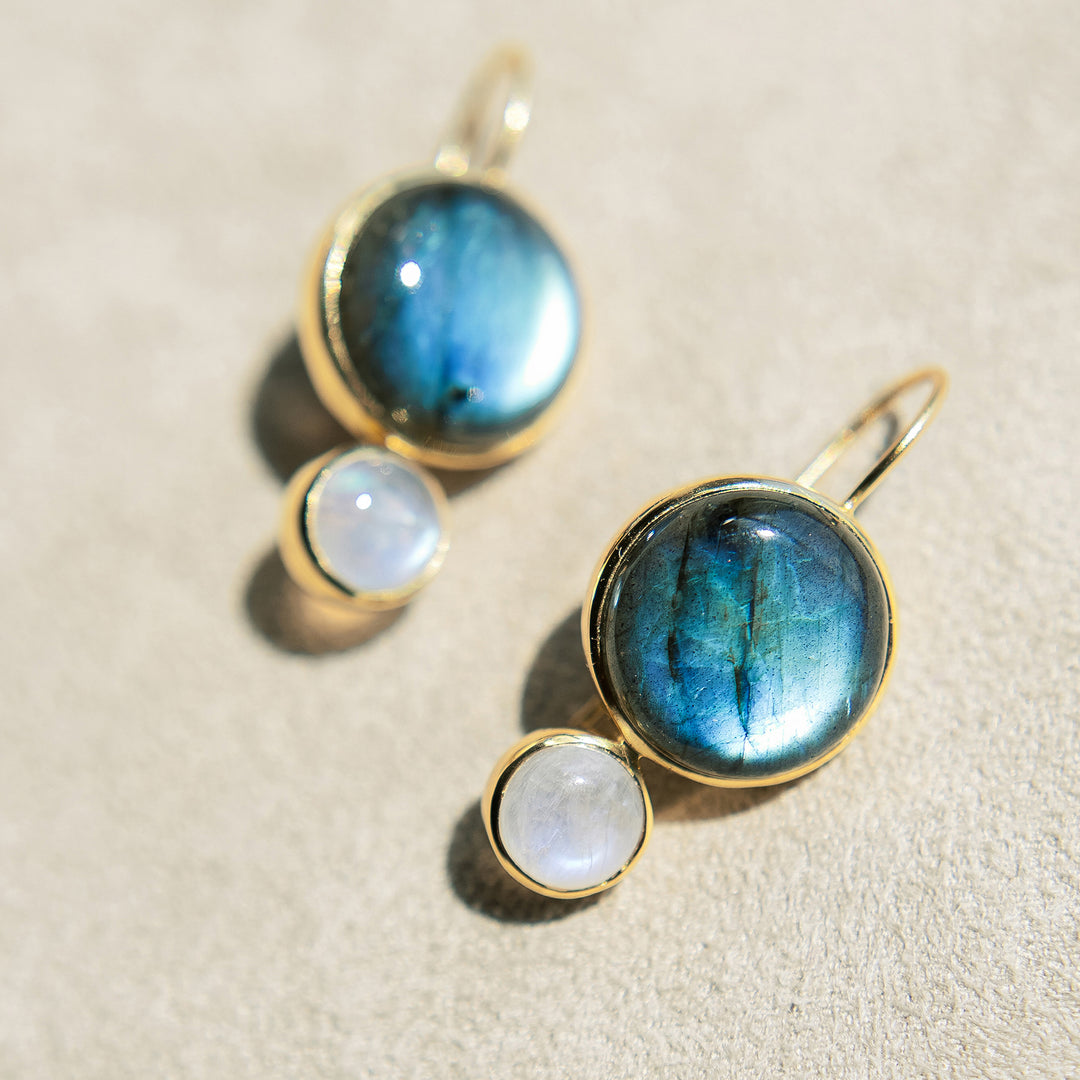 Color Block Drop Earrings in Labradorite and Rainbow Moonstone