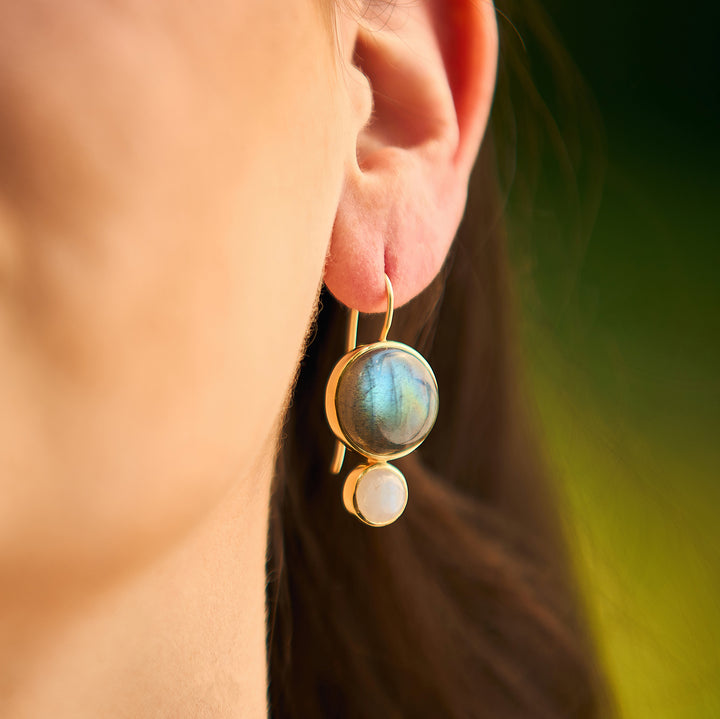 Color Block Drop Earrings in Labradorite and Rainbow Moonstone