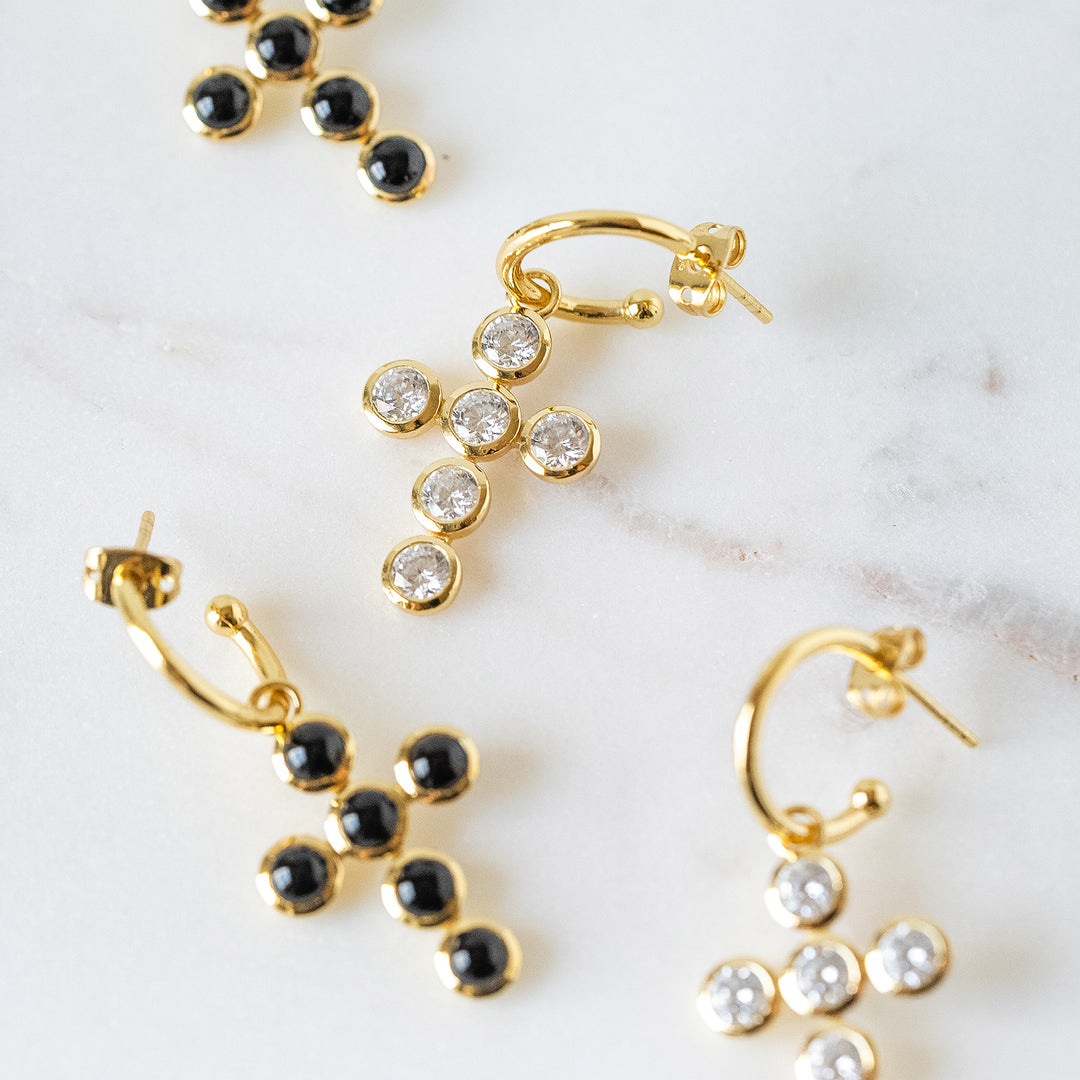 Cross Charm Huggie Hoop Earrings in Cubic Zirconia