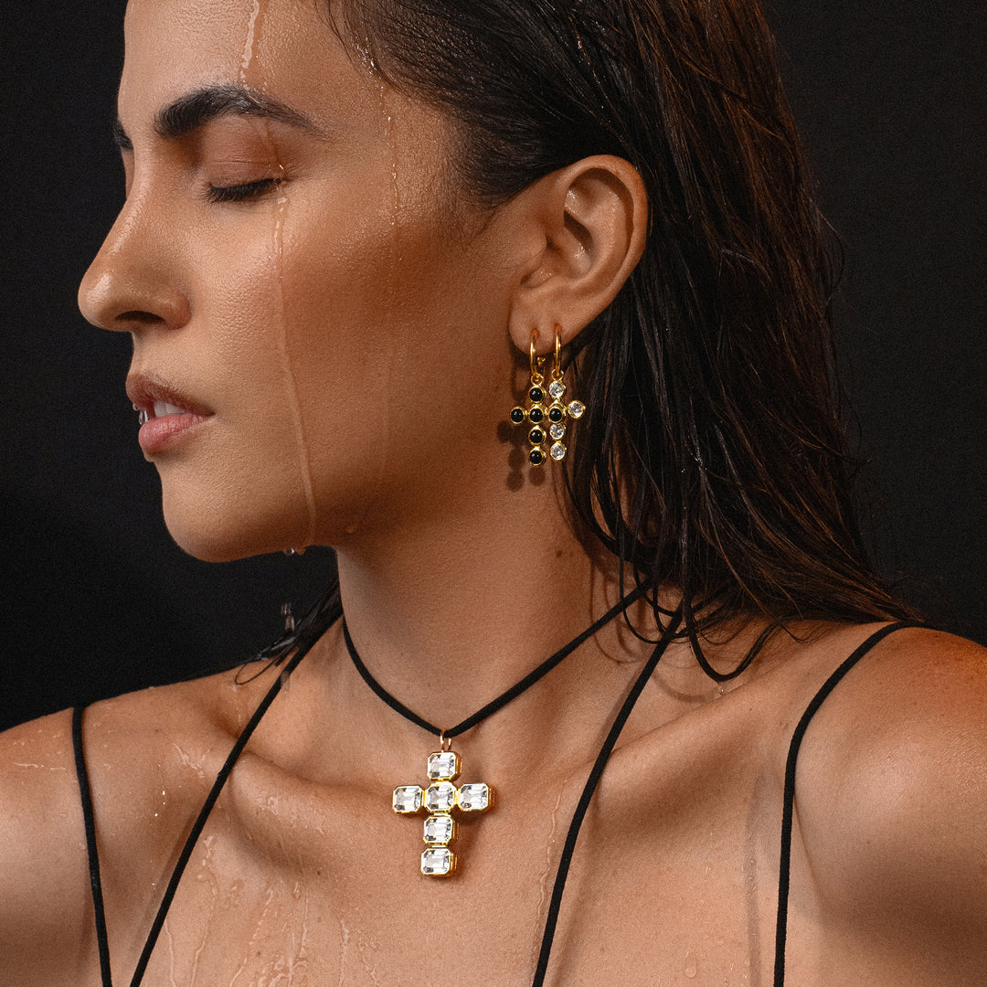 Cross Charm Huggie Hoop Earrings in Cubic Zirconia