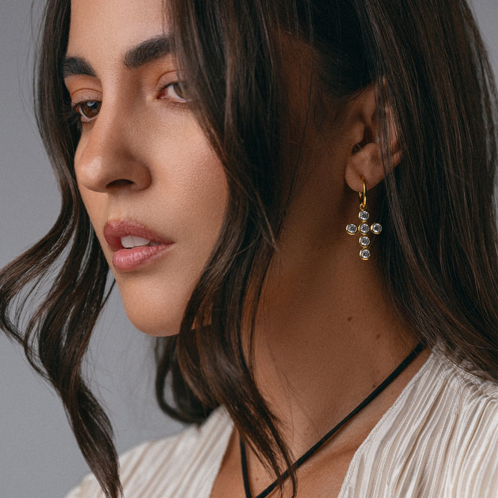 Cross Charm Huggie Hoop Earrings in Cubic Zirconia