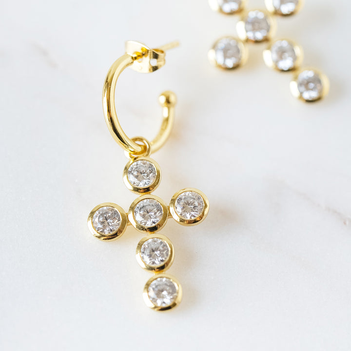 Cross Charm Huggie Hoop Earrings in Cubic Zirconia