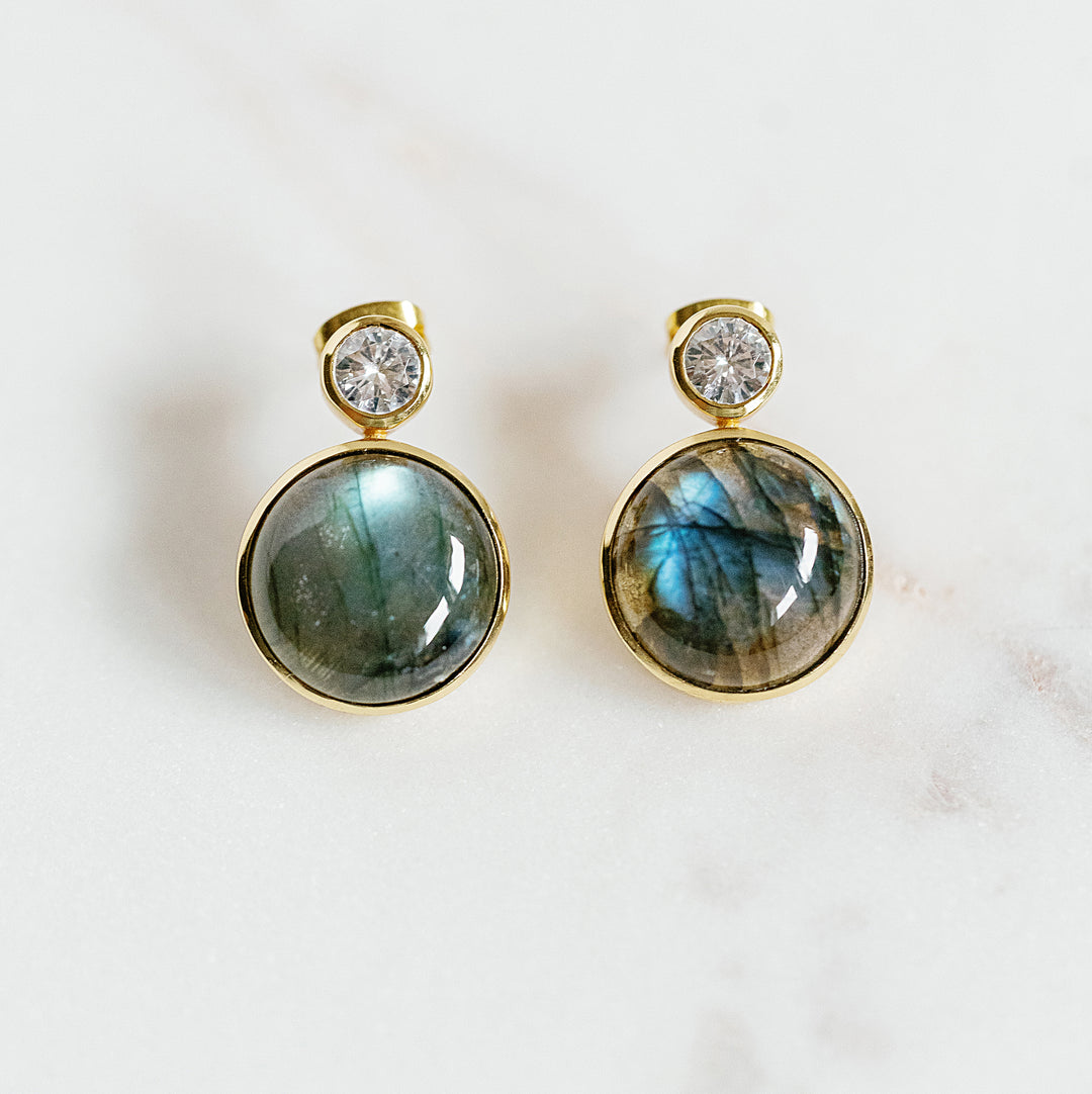 Floating Gem Stud Earrings in Multi Fire Labradorite