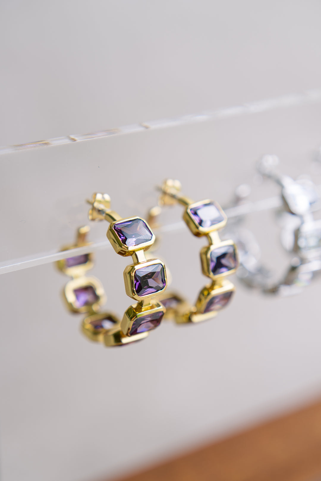 Gesu Hoop Earrings in Amethyst Cubic Zirconia and Yellow Gold