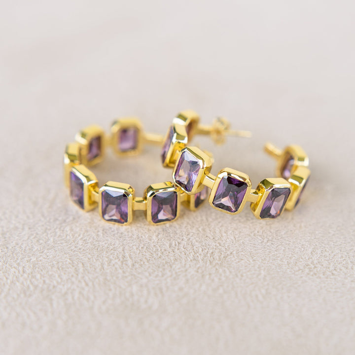 Gesu Hoop Earrings in Amethyst Cubic Zirconia and Yellow Gold