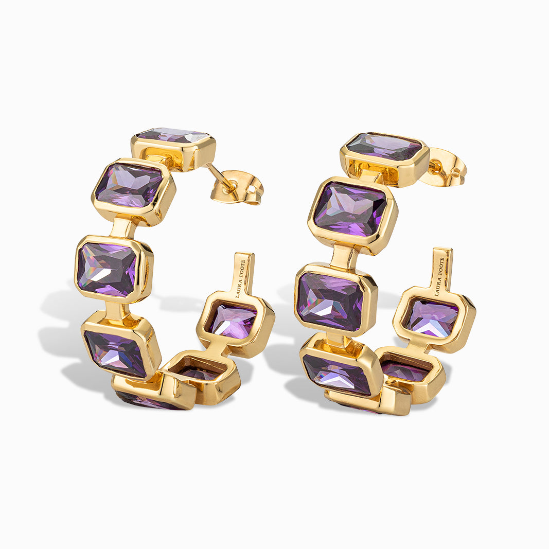 Gesu Hoop Earrings in Amethyst Cubic Zirconia and Yellow Gold