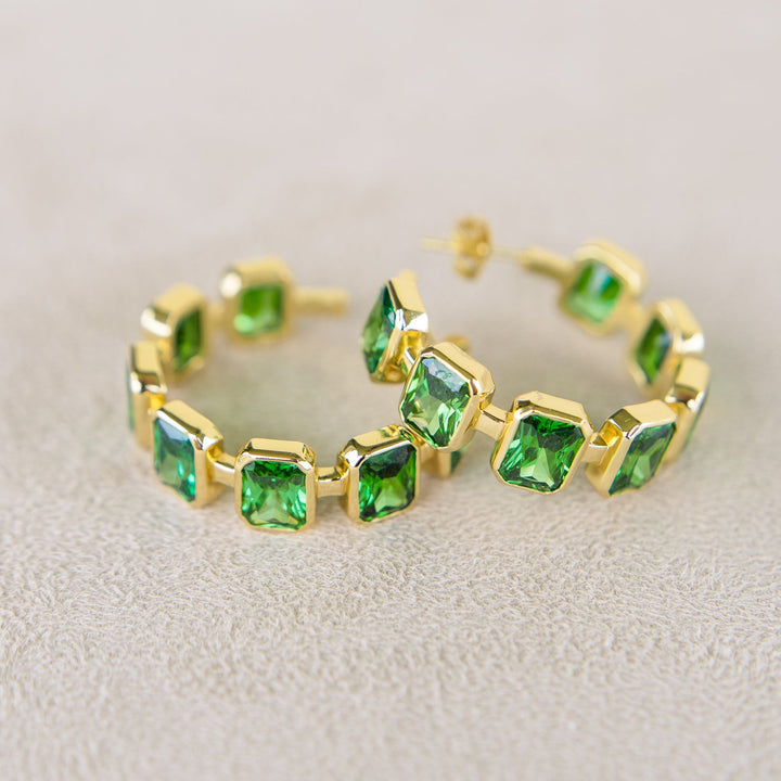 Gesu Hoop Earrings in Emerald Green Cubic Zirconia and Yellow Gold