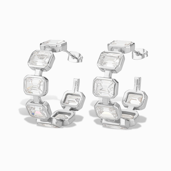 Gesu Hoop Earrings in White Cubic Zirconia and White Gold