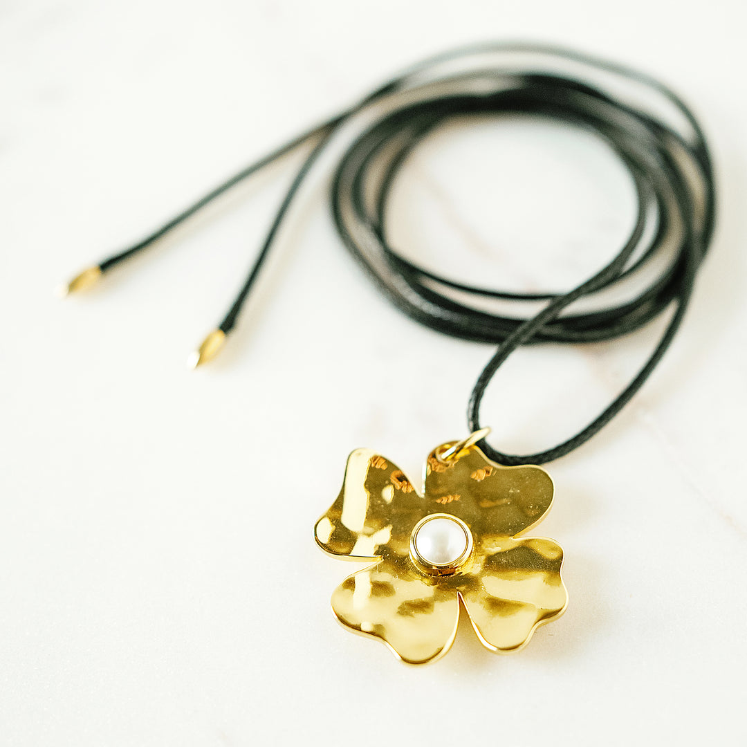 Hammered Gold Abstract Flower Charm Necklace in Pearl