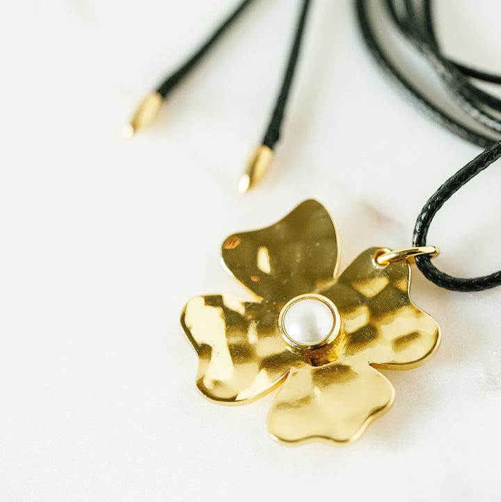 Hammered Gold Abstract Flower Charm Necklace in Pearl