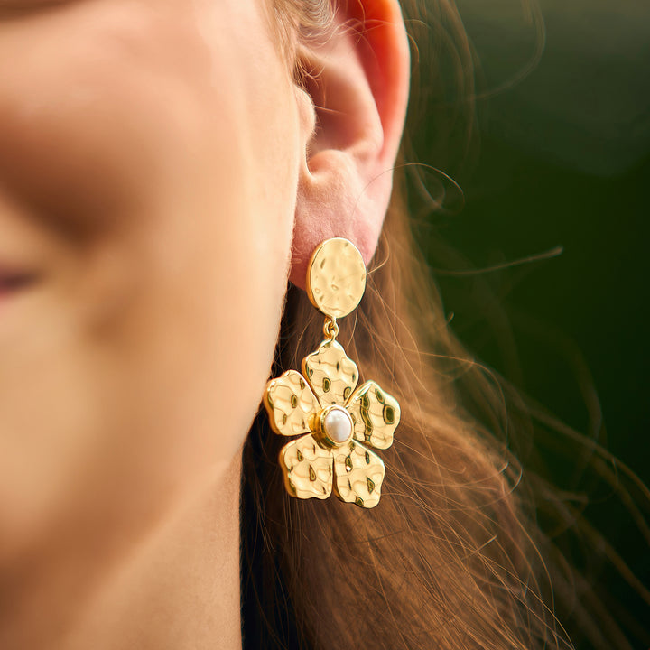 Hammered Gold Belle Flower Drop Earrings in Pearl