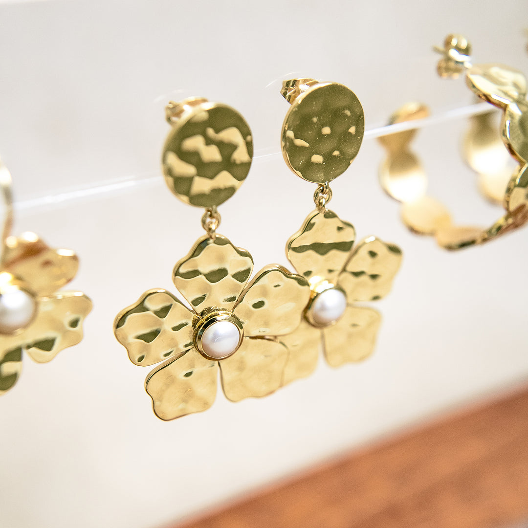 Hammered Gold Belle Flower Drop Earrings in Pearl