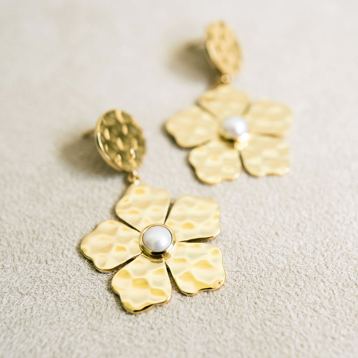 Hammered Gold Belle Flower Drop Earrings in Pearl