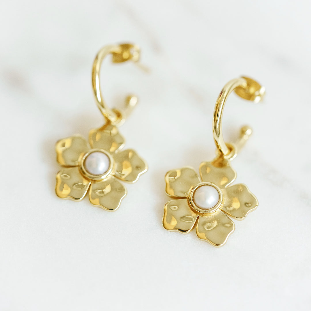 Hammered Gold Flower Charm Huggie Hoop Earrings in Pearl