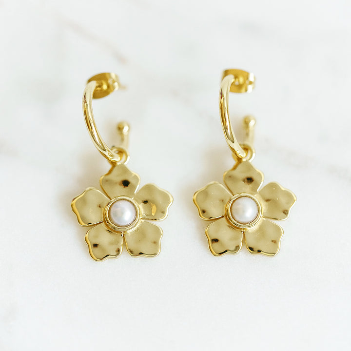 Hammered Gold Flower Charm Huggie Hoop Earrings in Pearl