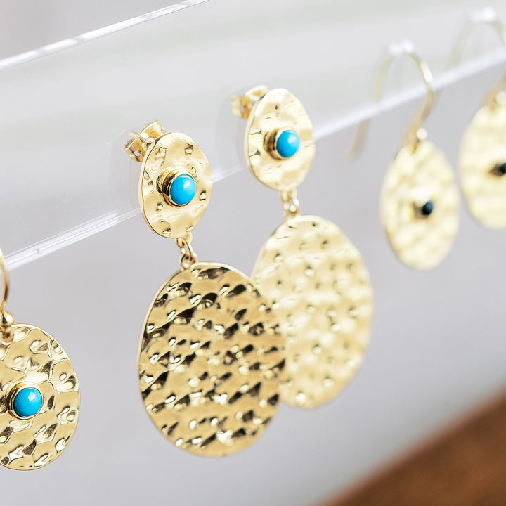 Hammered Gold Olympic Earrings in Sleeping Beauty Turquoise