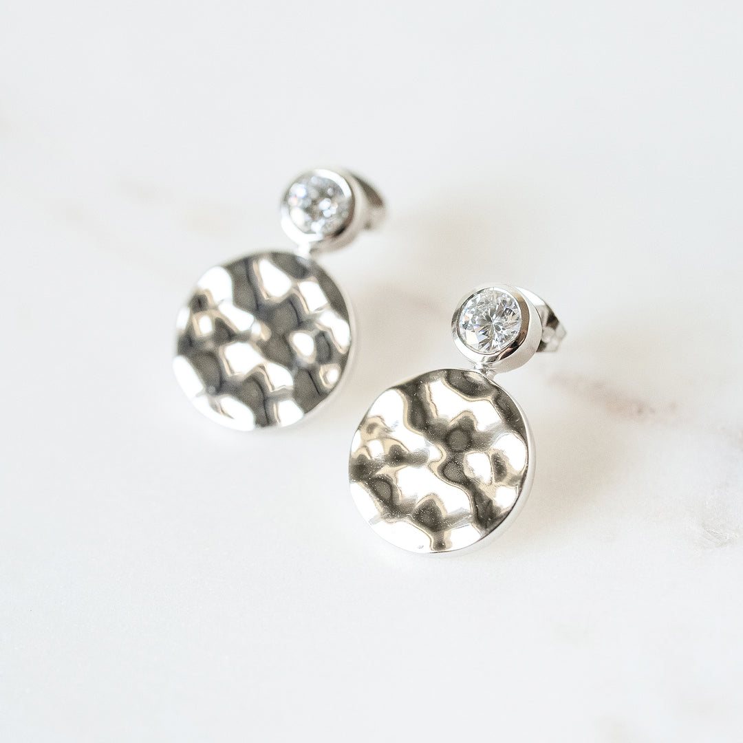 Hammered White Gold Floating Gem Stud Earrings