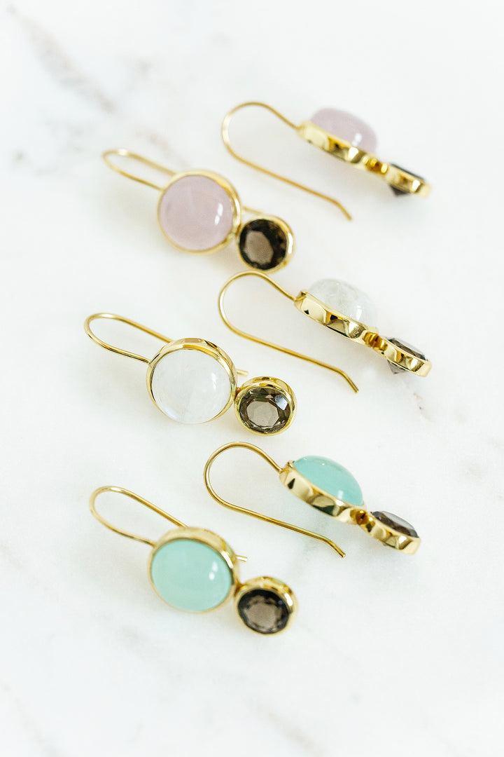 Little Color Block Drop Earrings in Rose Quartz and Faceted Smoky Quartz