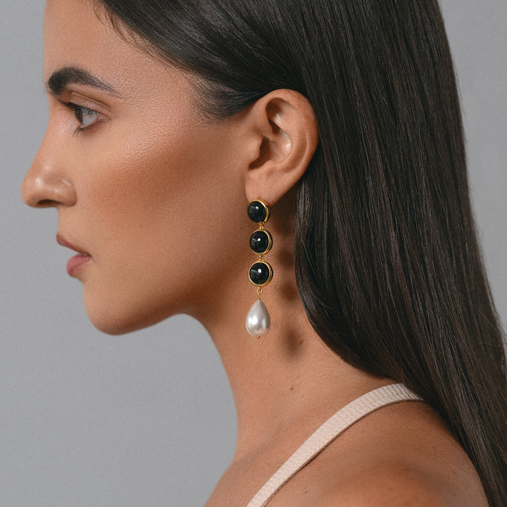 Madison Drop Earrings in Black Onyx and Pearl