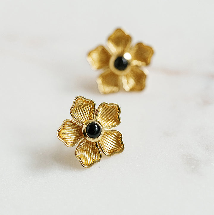 Small Flower Stud Earrings in Black Onyx