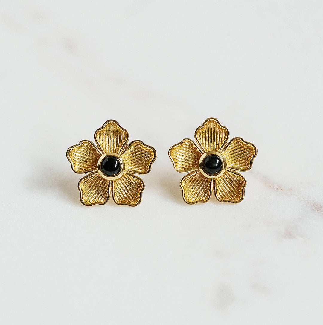 Small Flower Stud Earrings in Black Onyx