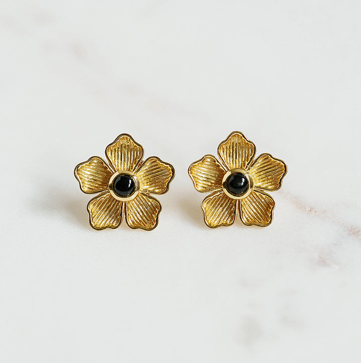 Small Flower Stud Earrings in Black Onyx